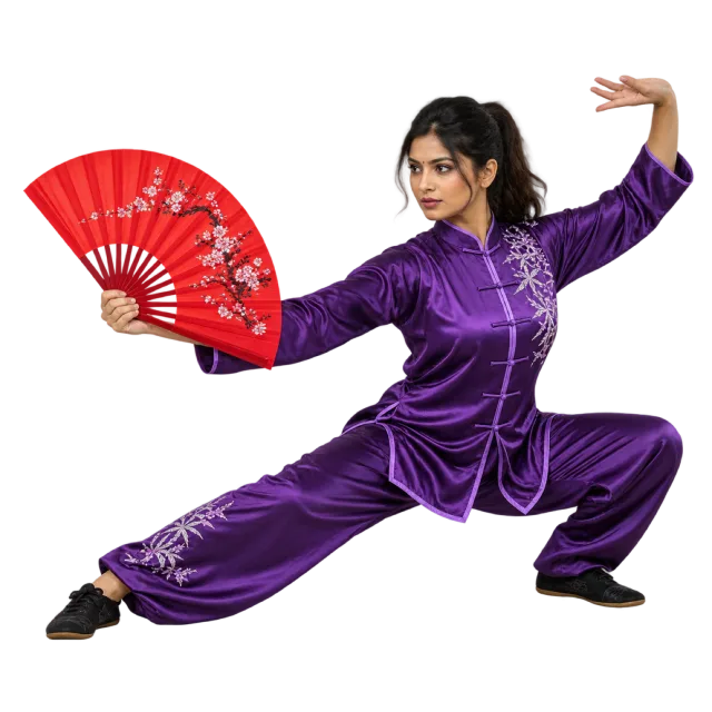 Kung fu practitioner in a purple uniform holding an open red fan in a low stance