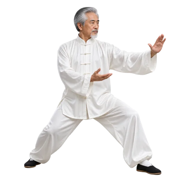 Tai chi practitioner in a white uniform standing with open hands extended