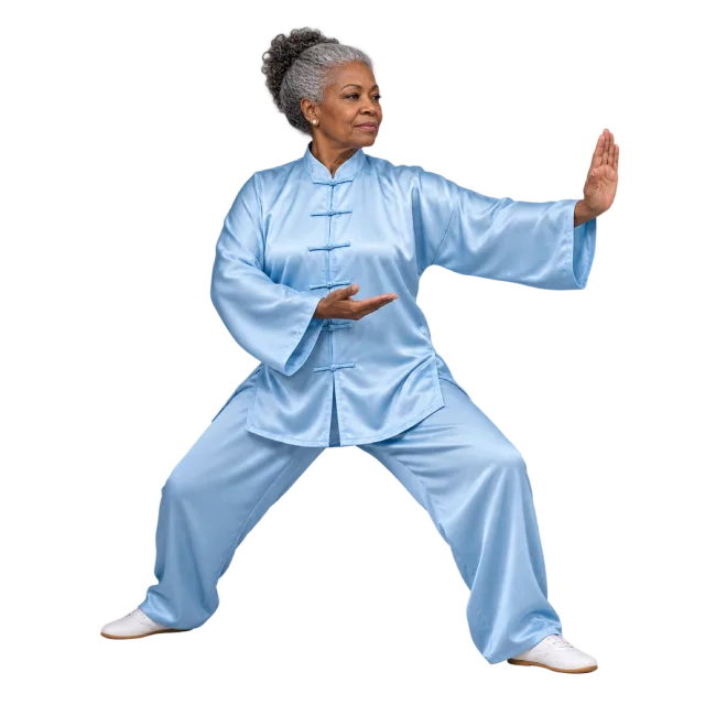 Tai chi practitioner in a pale blue uniform in a wide stance with one palm raised