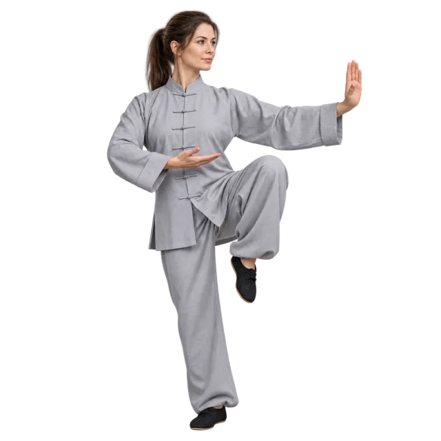 Tai chi practitioner in a grey uniform balancing on one leg with a raised palm