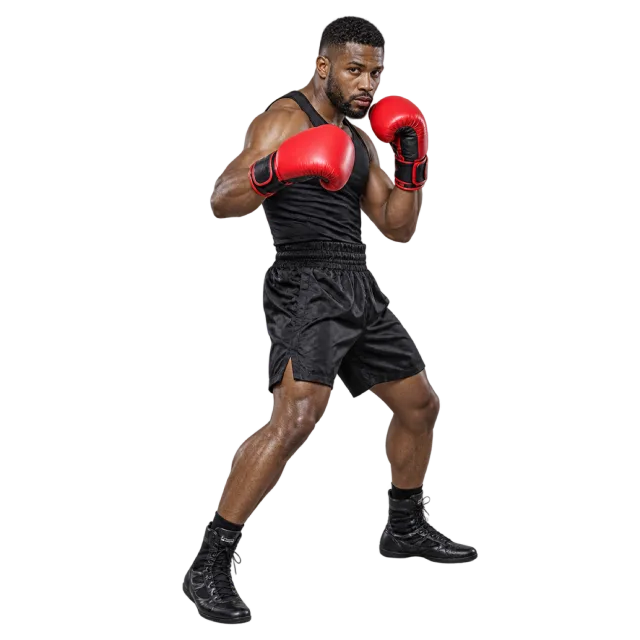 Boxer in black sportswear with red gloves raised in a guard position