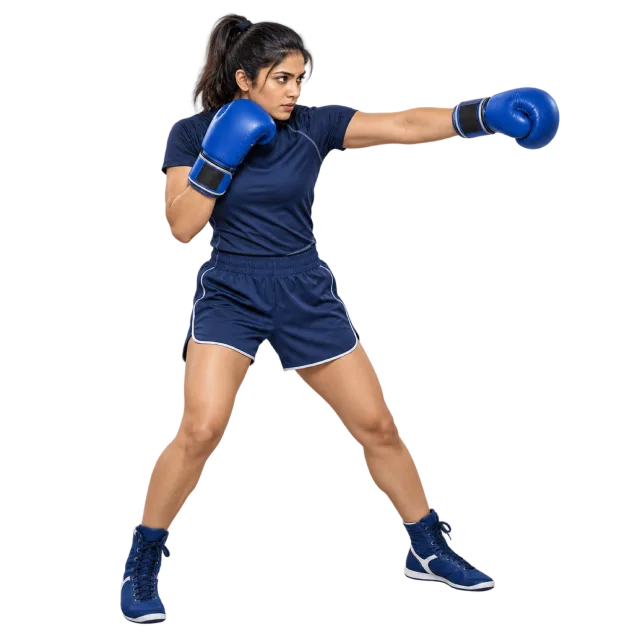 Boxer in navy sportswear extending a blue-gloved hand in a jab
