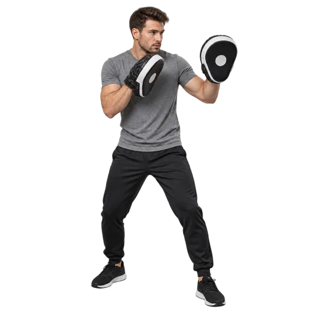 Boxing coach in a grey shirt and black trousers holding focus mitts