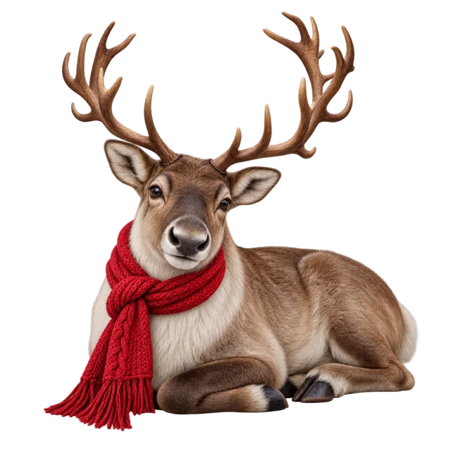 A reclining reindeer with large antlers and a red knitted scarf