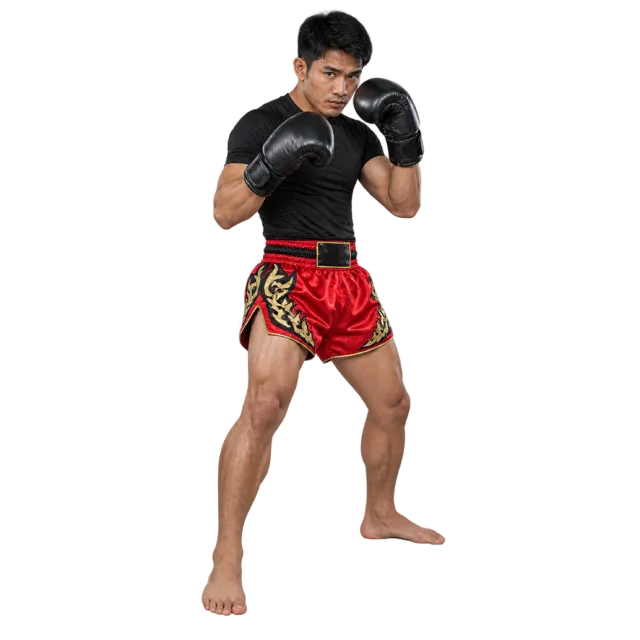 Muay Thai practitioner in a black top and red shorts with black gloves raised