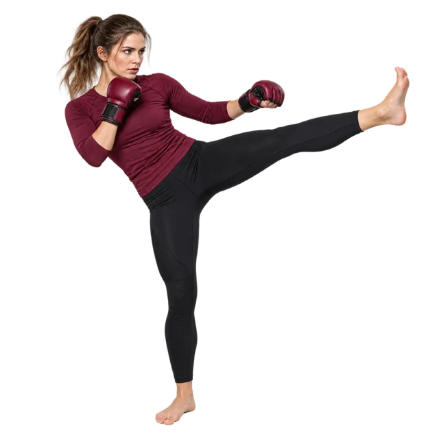 Kickboxer in a burgundy top and black leggings extending one leg with red gloves raised