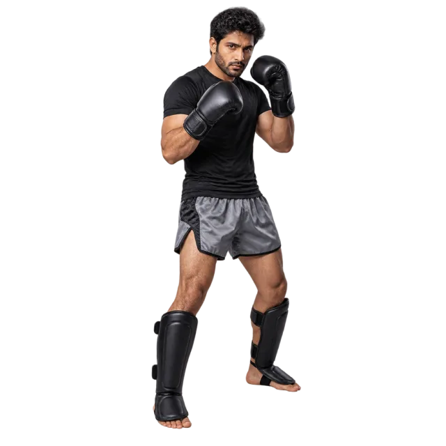 Kickboxer in black sportswear wearing gloves and shin guards in a ready stance