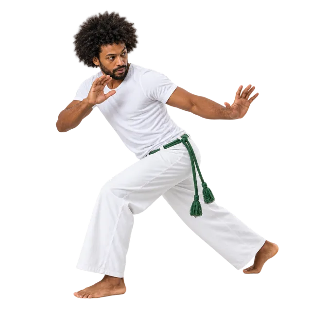 Capoeira practitioner in white clothing and a green cord moving with arms extended