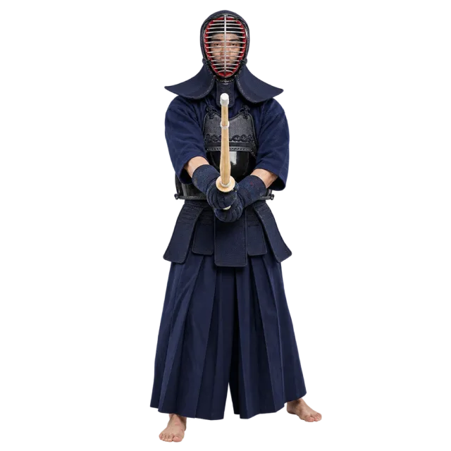 Armored kendo practitioner holding a bamboo practice sword in front