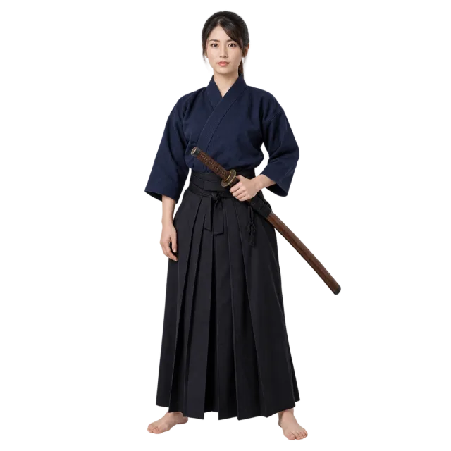 Iaido practitioner in dark clothing and a black hakama holding a sheathed sword at the waist
