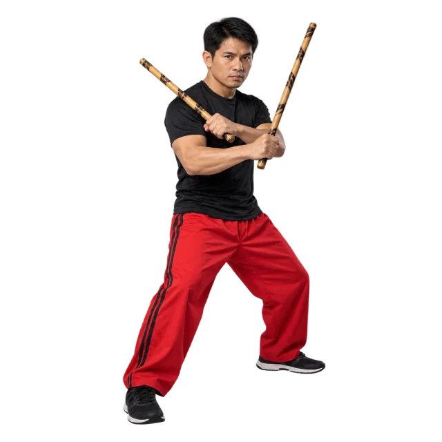 Eskrima practitioner in a black shirt and red trousers holding two training sticks