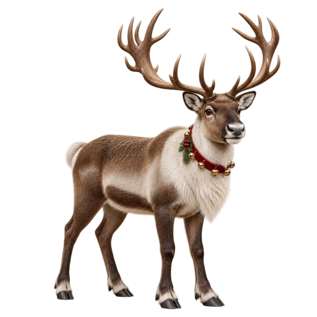 A standing reindeer with branching antlers and a festive neck decoration