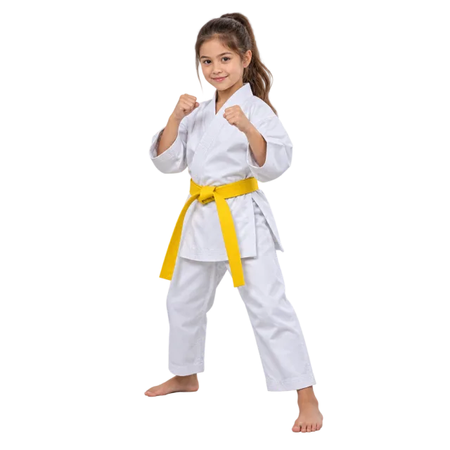 Young karate student in a white uniform and yellow belt with fists raised