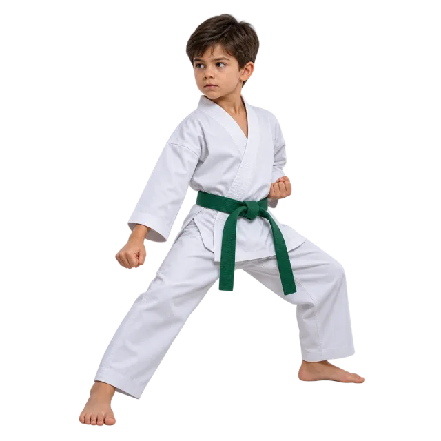 Young taekwondo student in a white uniform and green belt in a wide stance