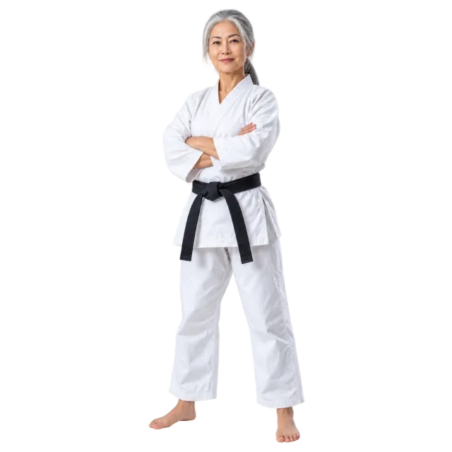 Older practitioner in a white uniform and black belt demonstrating an arm position