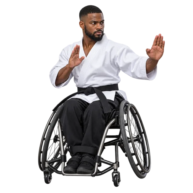 Martial arts practitioner seated in a wheelchair wearing a white jacket and black belt with open hands raised