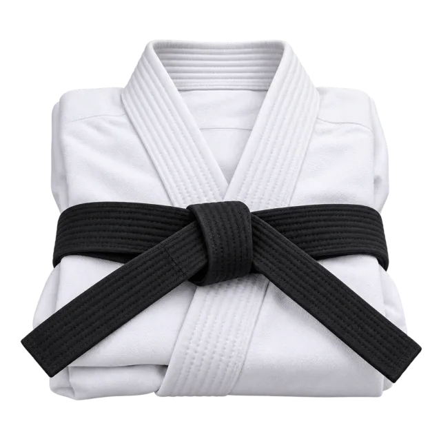 Folded white karate gi tied with a black belt