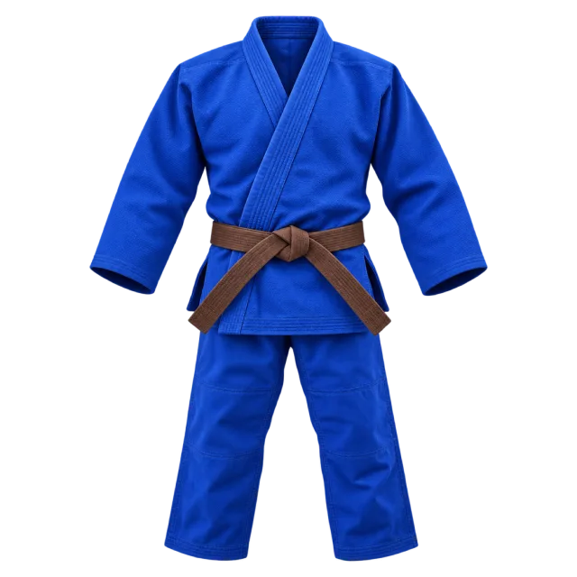 Blue judo uniform with a brown belt and matching trousers