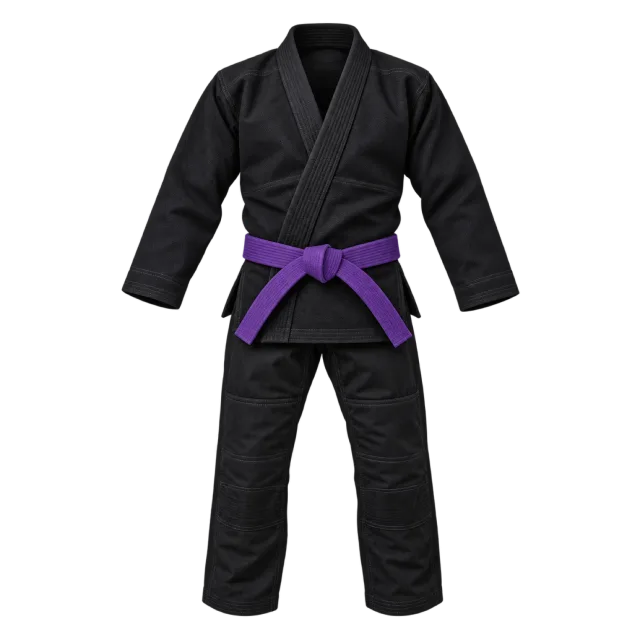 Black jiu-jitsu uniform with a purple belt and matching trousers