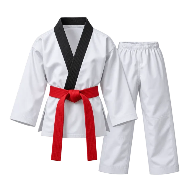 White taekwondo uniform with a black collar, red belt and matching trousers