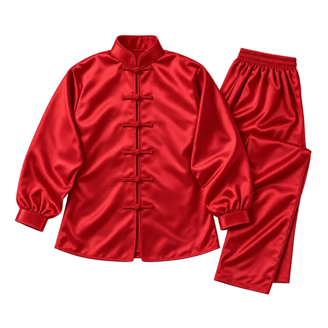Red kung fu jacket with traditional-style fastenings and matching trousers