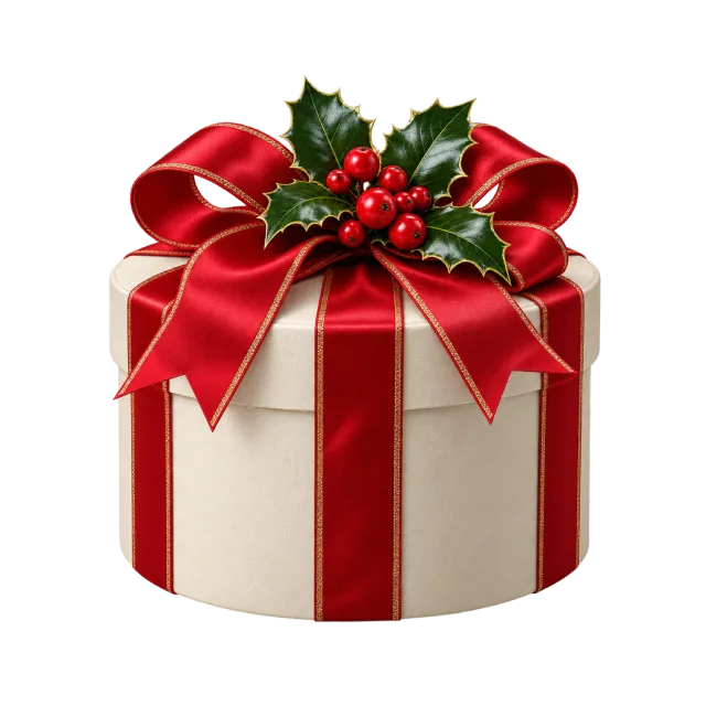 A round cream present box with red ribbon, a large bow and holly berries