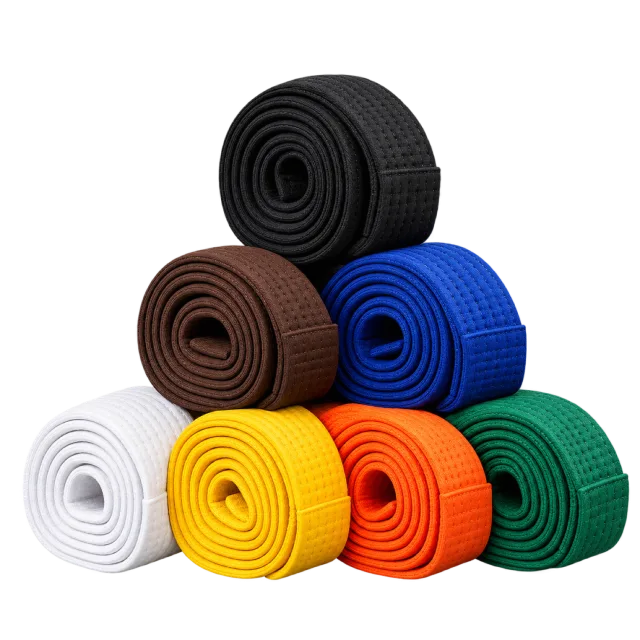 Stack of rolled martial arts belts in black, brown, blue, white, yellow, orange and green