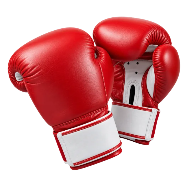 Pair of red boxing gloves with white wrist straps