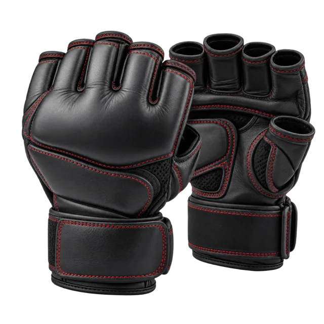Pair of black fingerless MMA gloves with red trim and wrist straps