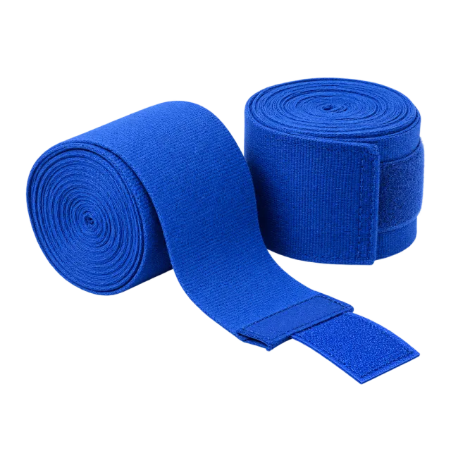 Two rolled blue hand wraps with loose fabric ends