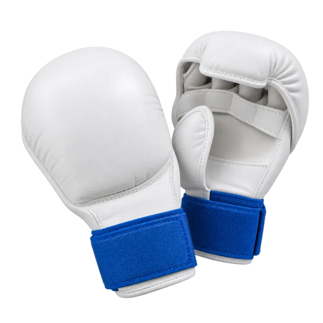 Pair of white karate mitts with blue wrist straps
