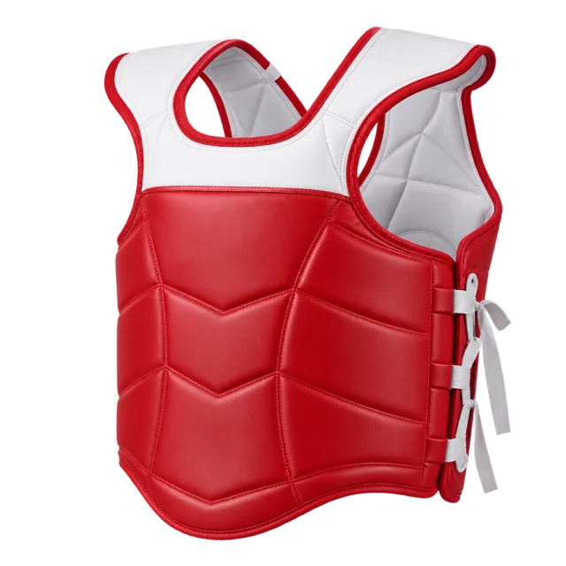 Red padded taekwondo chest protector with white straps and side lacing