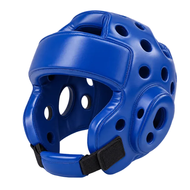 Blue padded headguard with ventilation holes and a black chin strap