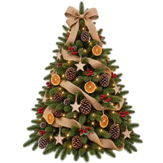 An evergreen tree decorated with dried orange slices, pinecones and rustic bows