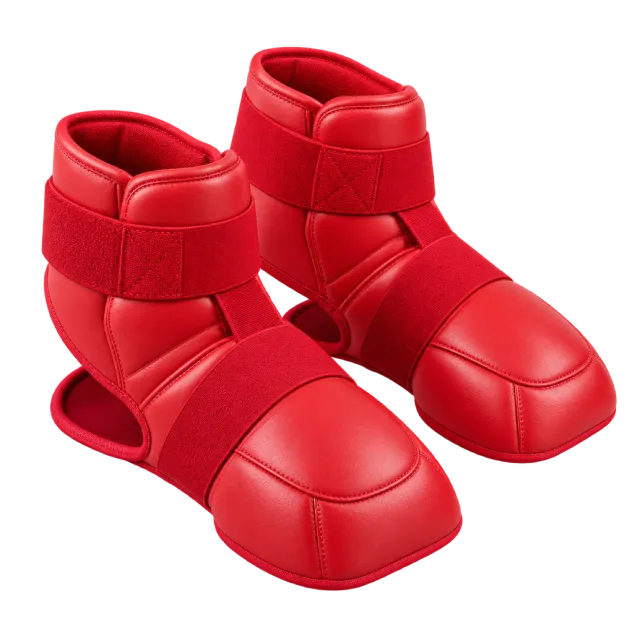 Pair of red padded foot protectors with fastening straps