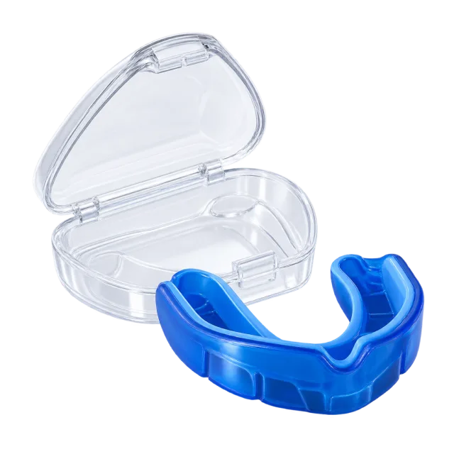 Blue mouthguard beside an open clear storage case
