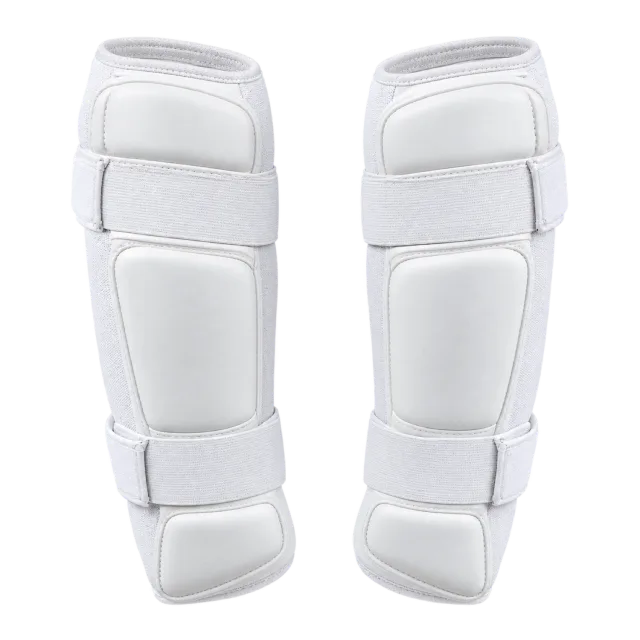 Pair of white padded forearm guards with fastening straps