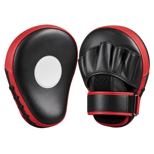 Pair of black and red focus mitts showing a target face and rear hand pocket