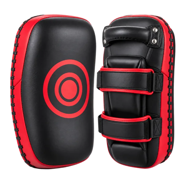Pair of black and red Thai kick pads with a circular target and forearm straps