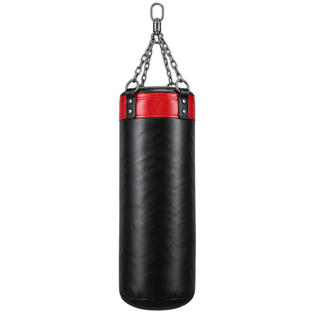 Black hanging heavy bag with a red top and metal suspension chains