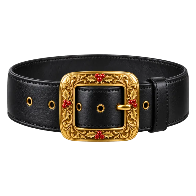 A black belt with an ornate rectangular gold buckle