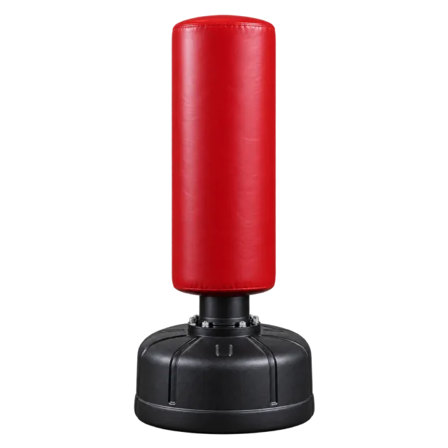 Red freestanding punching bag mounted on a broad black base