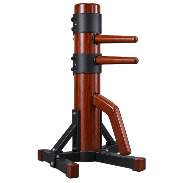 Wooden Wing Chun training dummy with projecting arms and a supporting frame