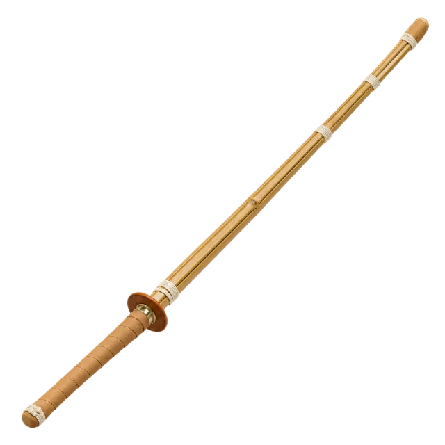 Bamboo shinai practice sword with a round guard and wrapped handle