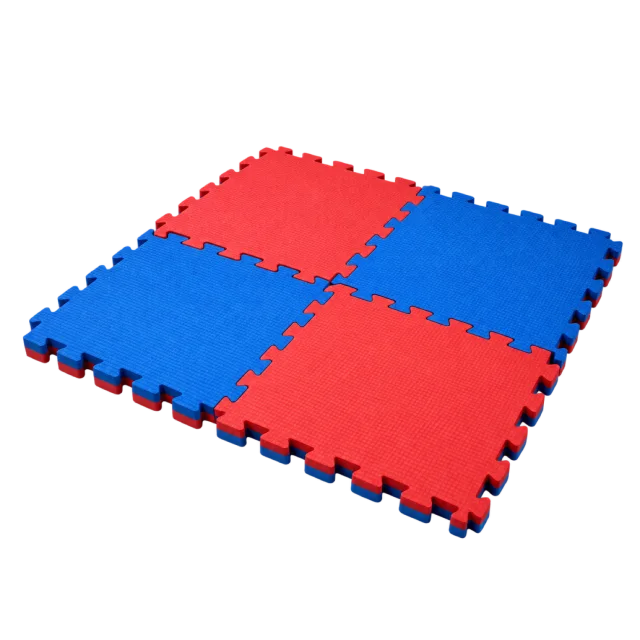 Four interlocking red and blue square training mats