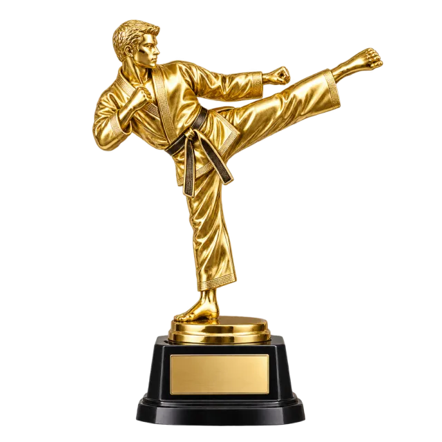 Gold-colored martial arts trophy depicting a high kick on a black base