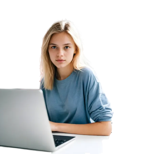 Woman in a blue top sitting behind an open silver laptop on a transparent background