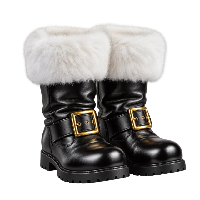 A pair of black boots with thick white fur cuffs and gold buckles