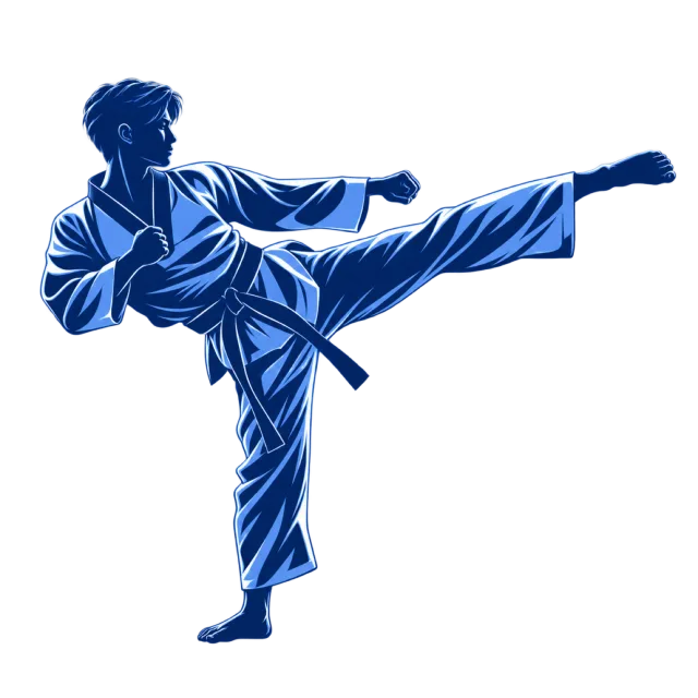 Blue illustration of a martial artist performing a side kick with white garment highlights