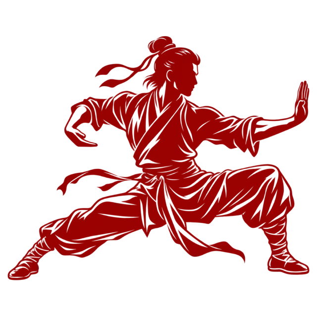Red illustration of a kung fu practitioner in a low wide stance with an extended palm
